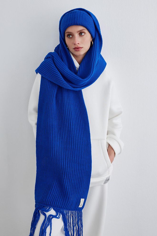 Tasseled Knitwear Long Scarf-Saks Blue