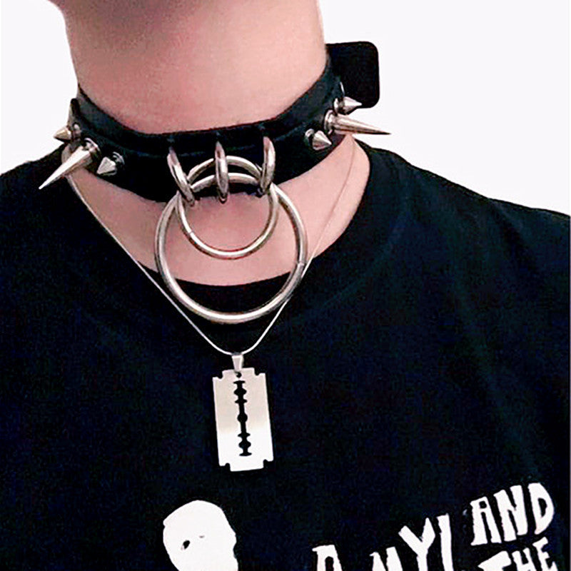 Leather Spiked Rivet Collar, Women's Necktie