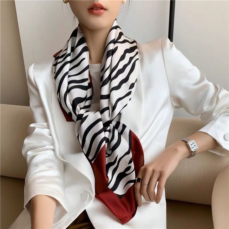 Women'S Zebra Print Silk Square Scarf, Mulberry Silk Crepe Satin Scarf