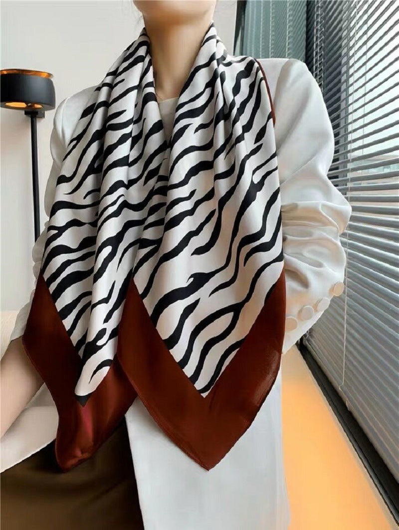Women'S Zebra Print Silk Square Scarf, Mulberry Silk Crepe Satin Scarf
