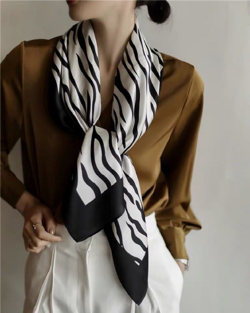 Women'S Zebra Print Silk Square Scarf, Mulberry Silk Crepe Satin Scarf