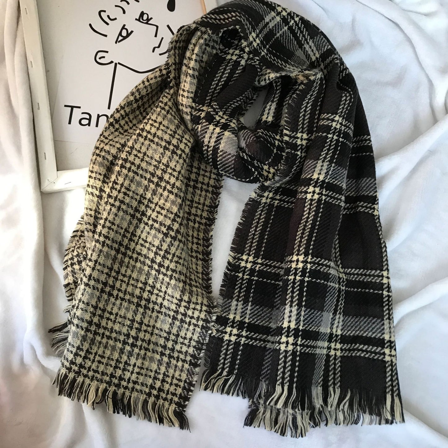 Women's Double-sided Cashmere Scarf, Retro Plaid Tassel Scarf