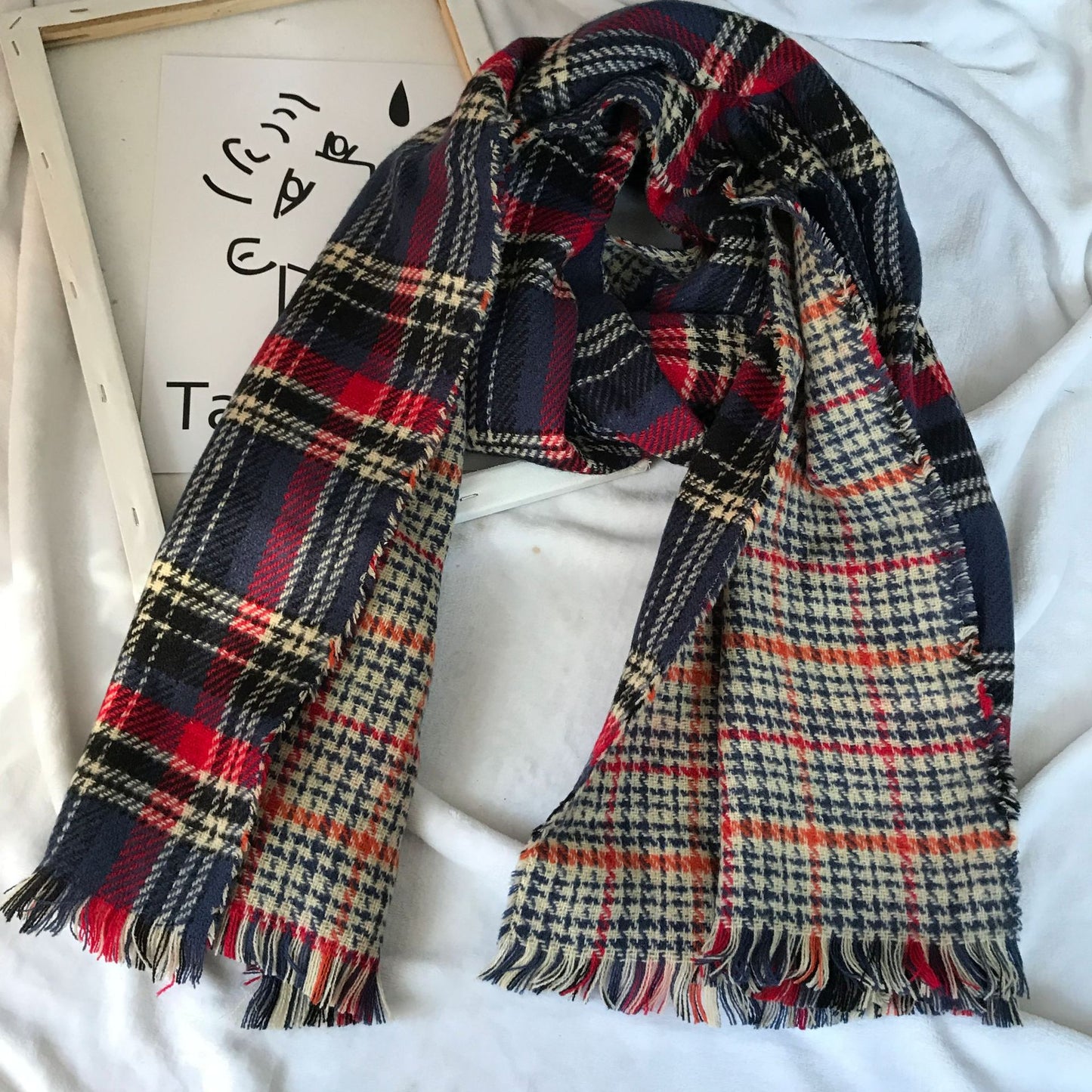 Women's Double-sided Cashmere Scarf, Retro Plaid Tassel Scarf