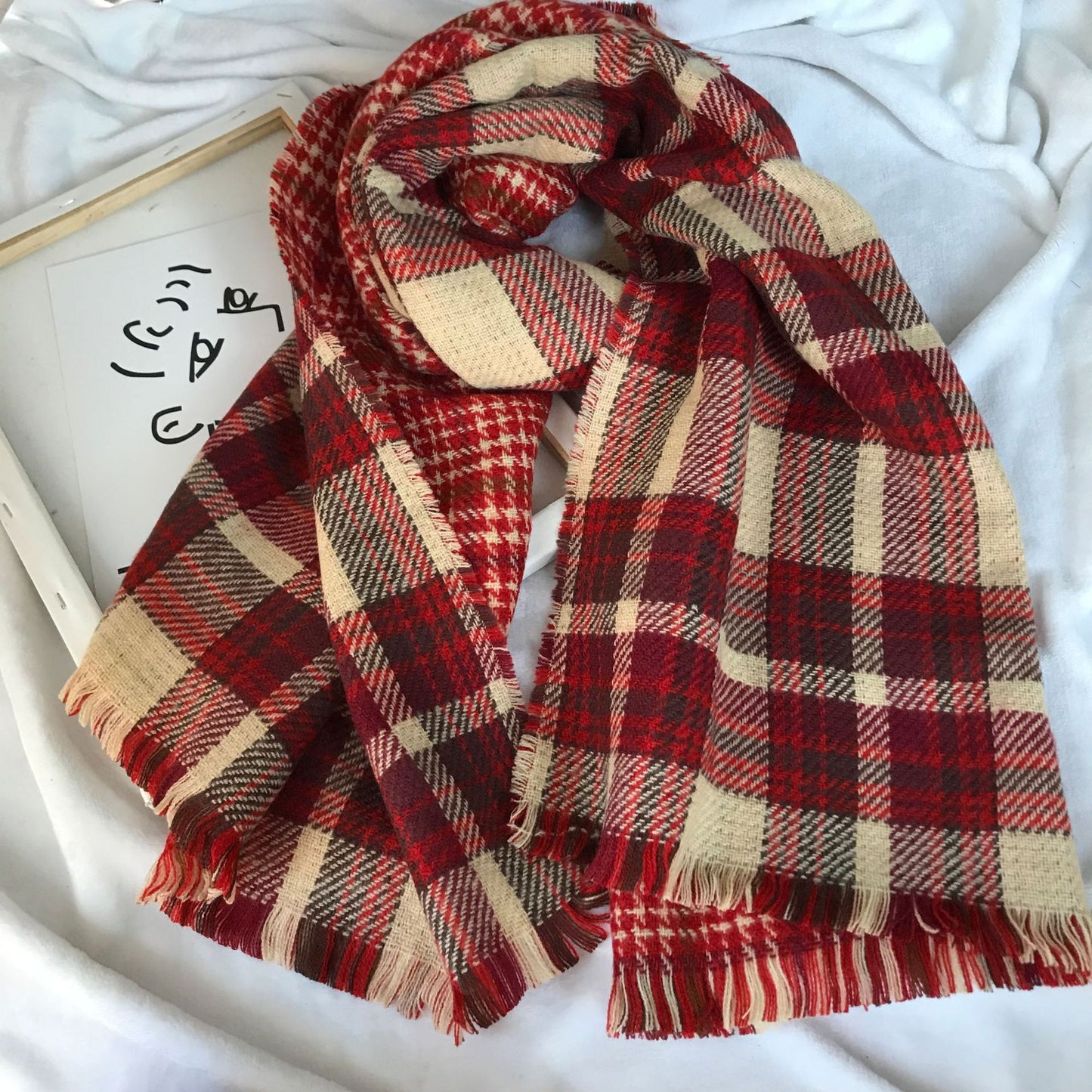 Women's Double-sided Cashmere Scarf, Retro Plaid Tassel Scarf