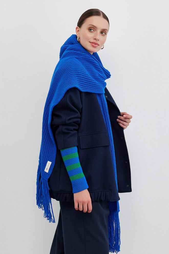 Tasseled Knitwear Long Scarf-Saks Blue