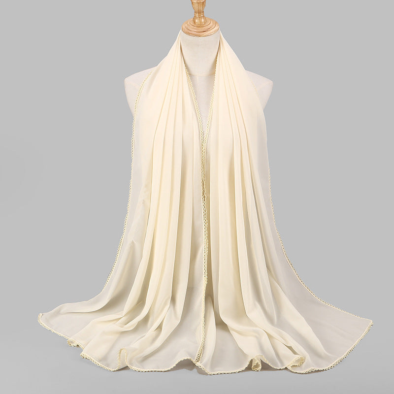 Women's Monochrome Lace Panel Pearl Chiffon Scarf