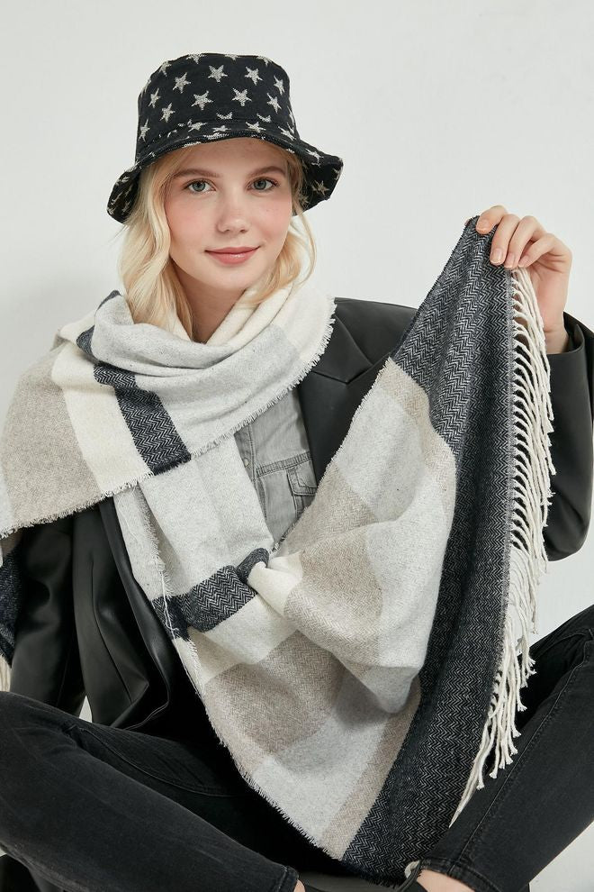 Striped Thick Shawl-Ecru