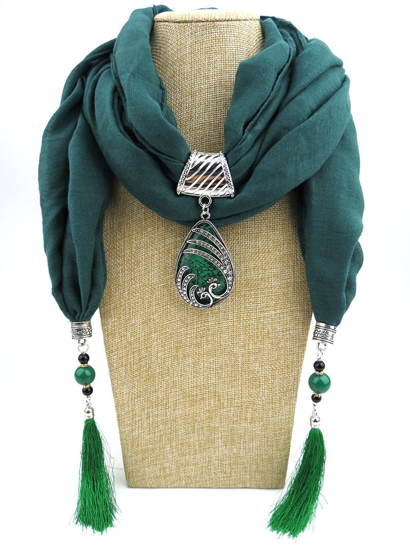 Ethnic Style Peacock Pendant Gem Tassel Scarf, Women's Scarf