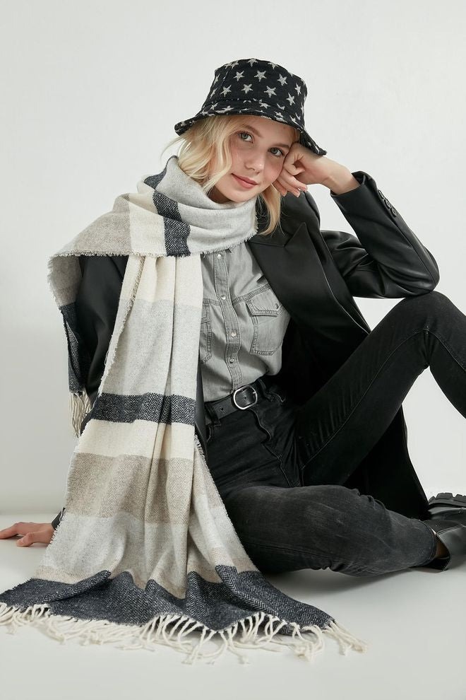 Striped Thick Shawl-Ecru