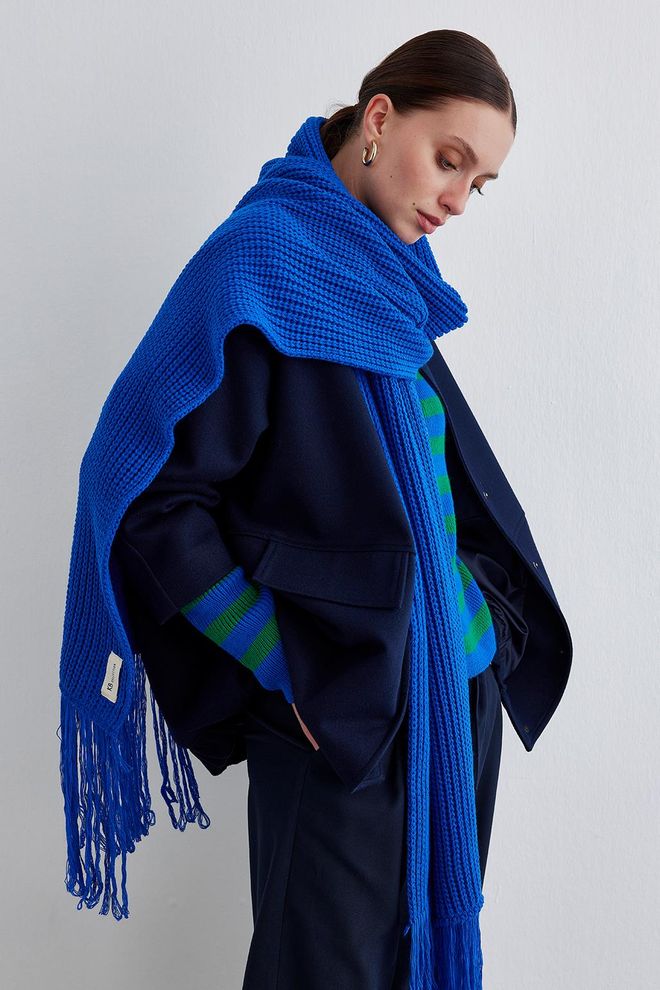 Tasseled Knitwear Long Scarf-Saks Blue