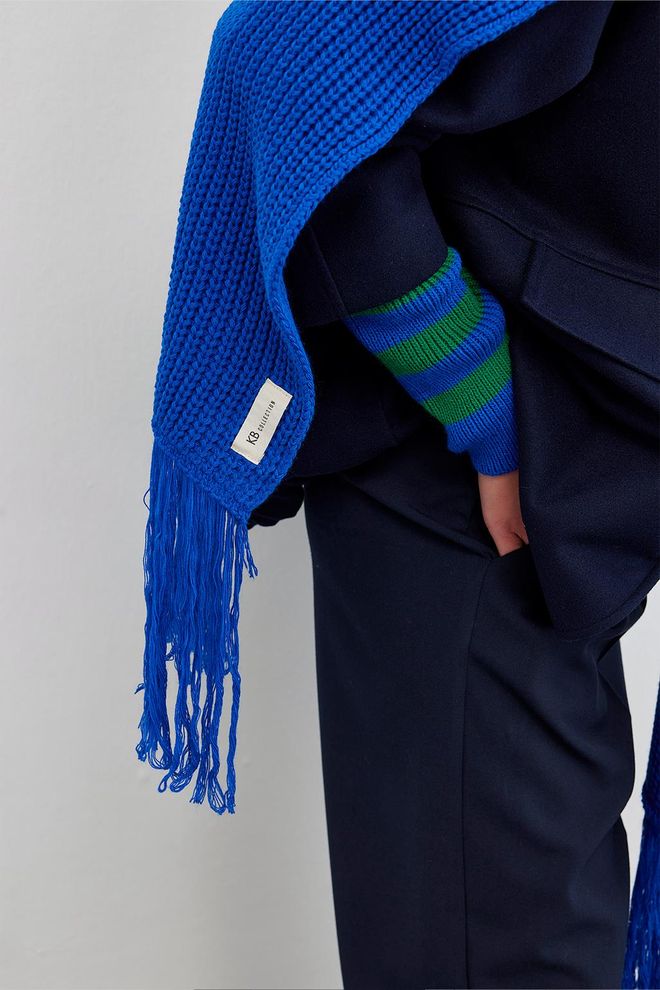 Tasseled Knitwear Long Scarf-Saks Blue