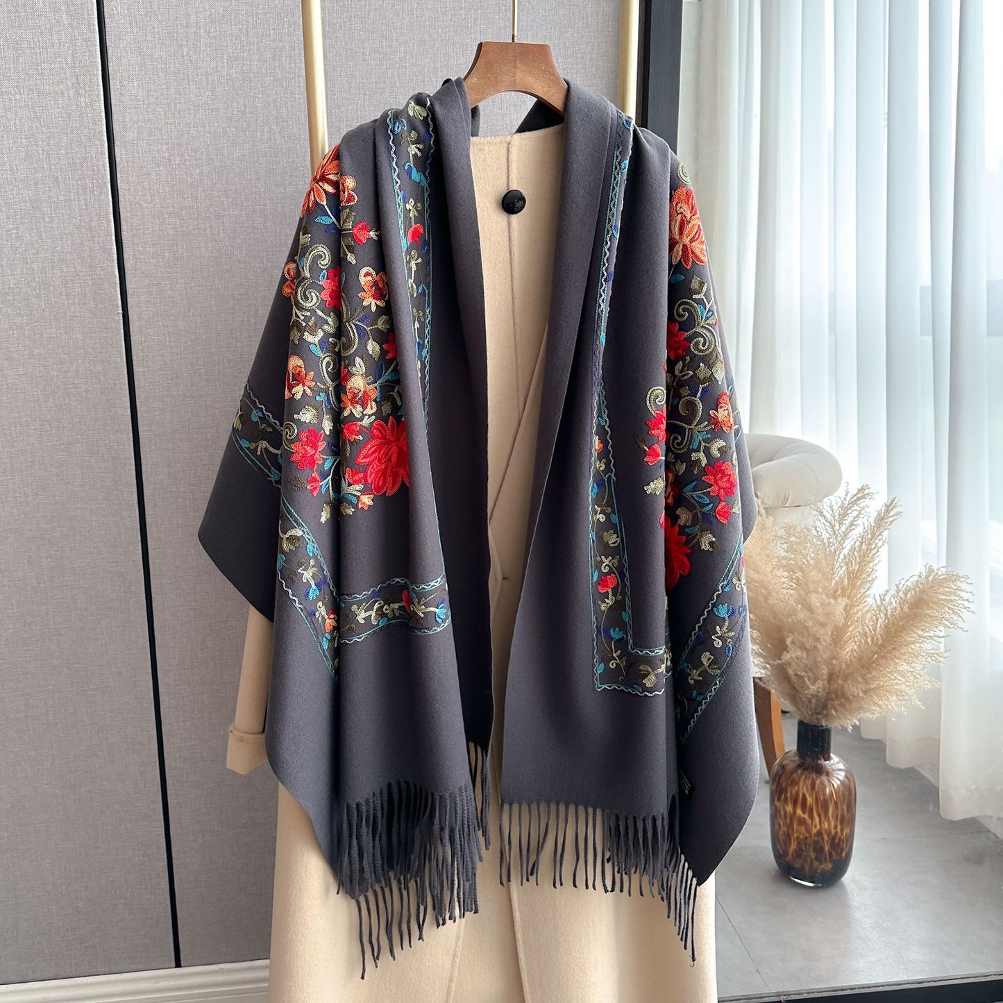 Women's Embroidered Scarf, All-matching Extra Thick Wool Shawl