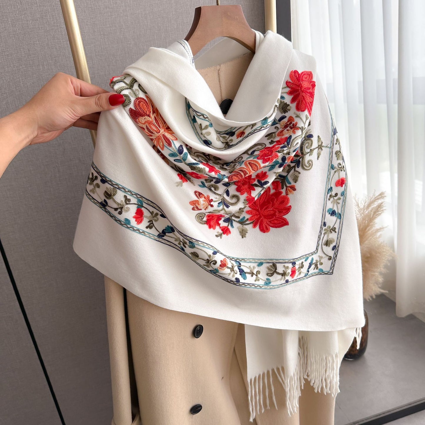 Women's Embroidered Scarf, All-matching Extra Thick Wool Shawl