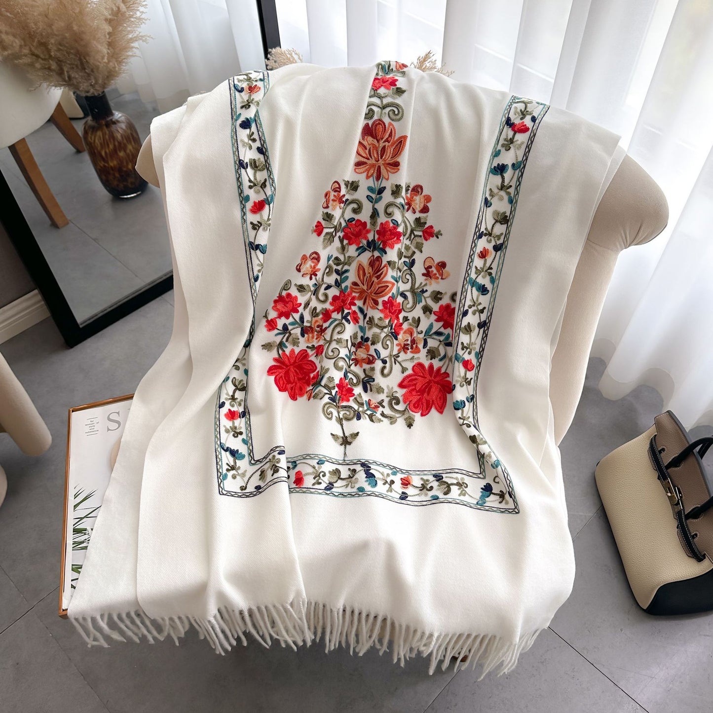 Women's Embroidered Scarf, All-matching Extra Thick Wool Shawl
