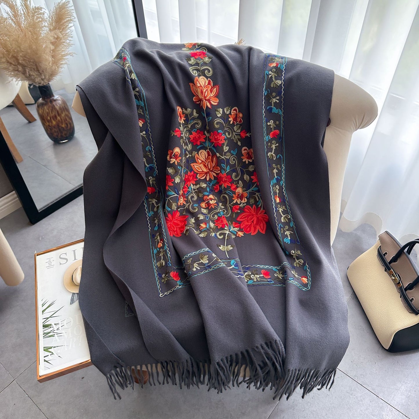 Women's Embroidered Scarf, All-matching Extra Thick Wool Shawl