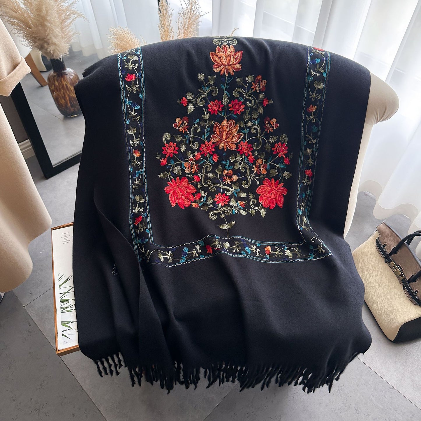 Women's Embroidered Scarf, All-matching Extra Thick Wool Shawl