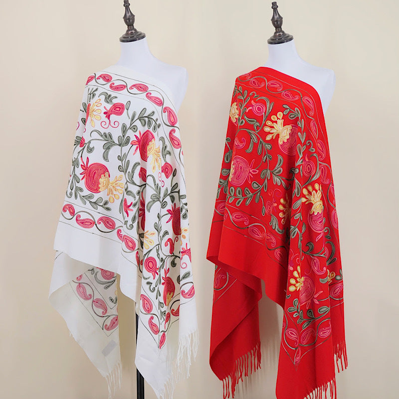 Gourd Pomegranate Blossom Embroidery Scarf, Cashmere Shawl