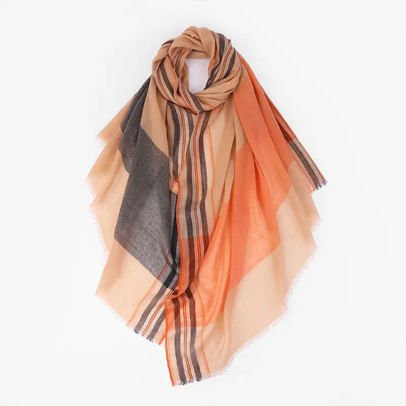 Autumn And Winter Versatile Checkered Fringe Warm Long Scarf - Khaki / 175cm or more