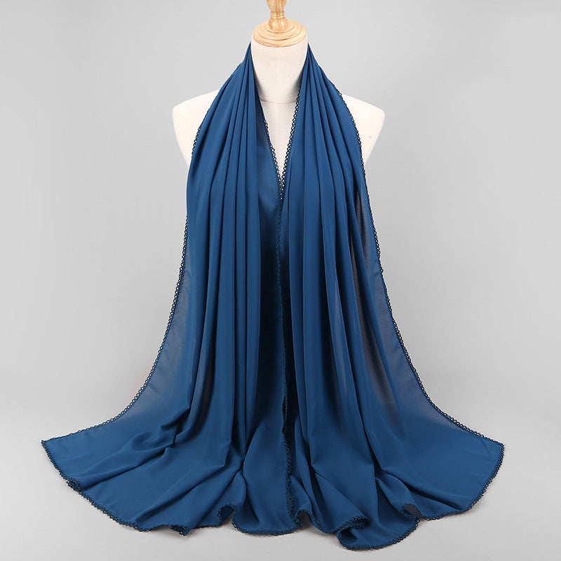Women's Monochrome Lace Panel Pearl Chiffon Scarf