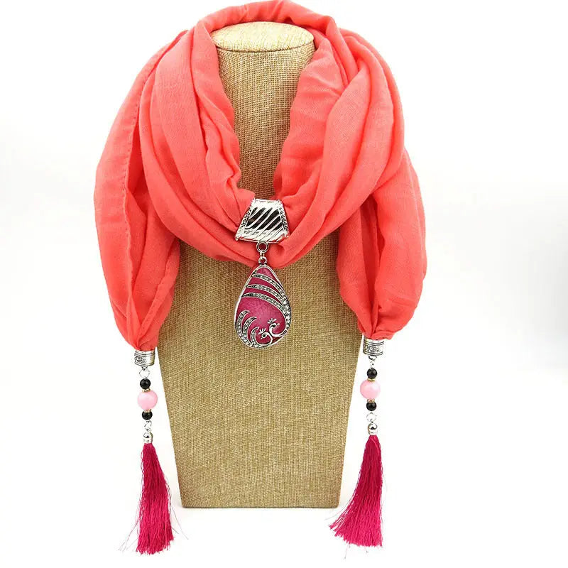 Ethnic Style Peacock Pendant Gem Tassel Scarf Women’s Scarf - Watermelon Red - Tassel Scarf
