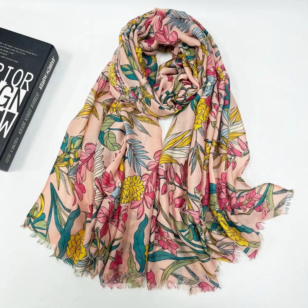 Ladies’ Premium Tassel Printed Shawl Long Summer Scarf - Pink - Tassel Scarf