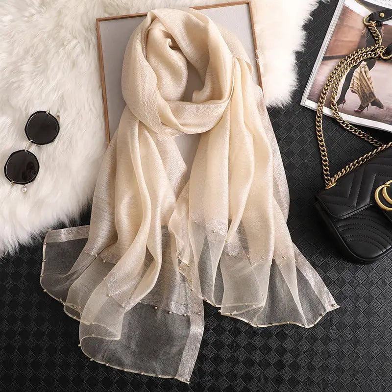 Long Silk Scarf Women’s Thin Scarf All-matching Luxury Shawl - Beige / 65x185 - Silk Scarf