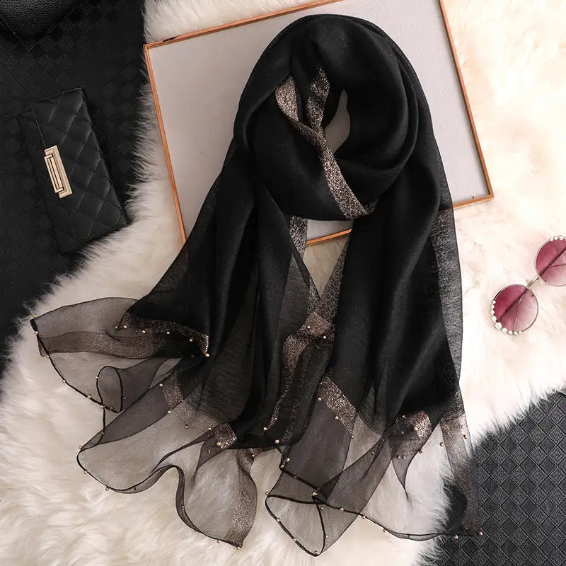 Long Silk Scarf Women’s Thin Scarf All-matching Luxury Shawl - Black / 65x185 - Silk Scarf