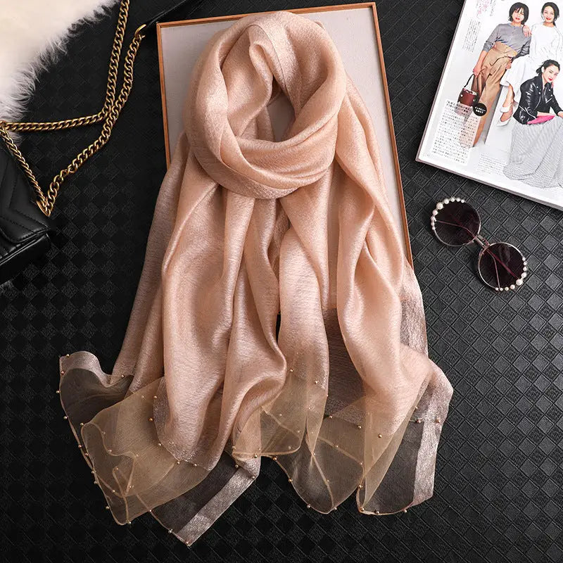 Long Silk Scarf Women’s Thin Scarf All-matching Luxury Shawl - Champagne / 65x185 - Silk Scarf