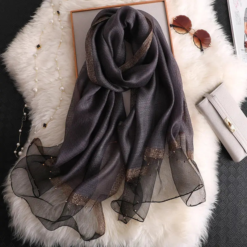Long Silk Scarf Women’s Thin Scarf All-matching Luxury Shawl - Dark Grey / 65x185 - Silk Scarf