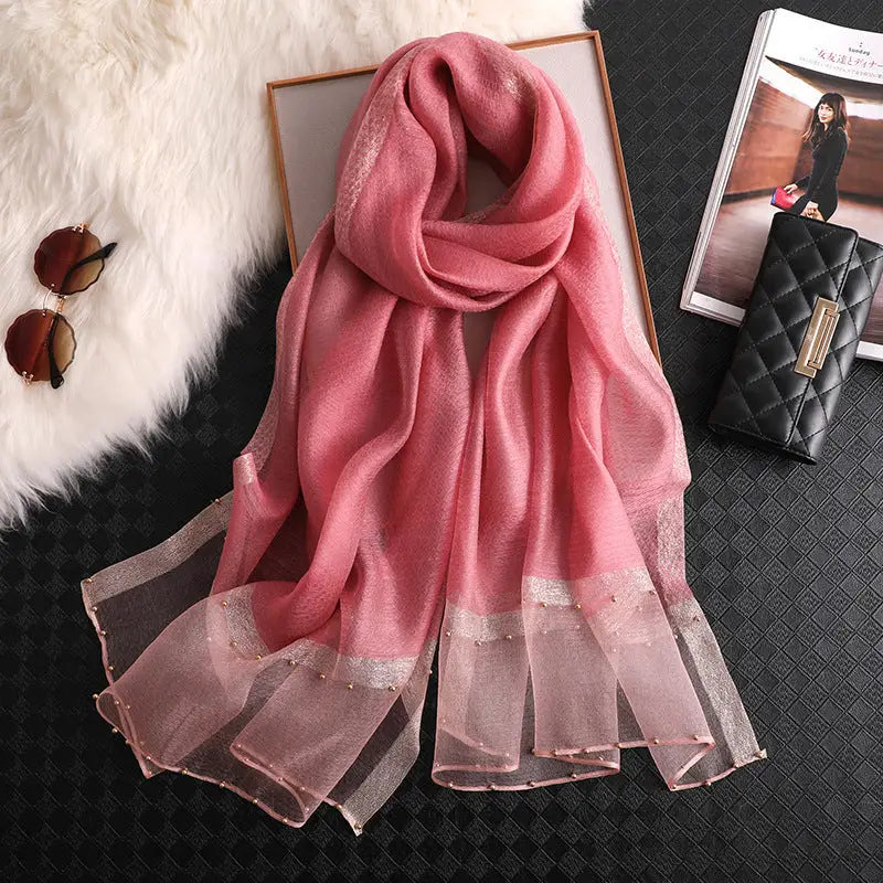 Long Silk Scarf Women’s Thin Scarf All-matching Luxury Shawl - Dark pink / 65x185 - Silk Scarf