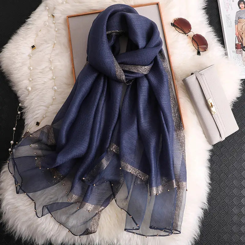 Long Silk Scarf Women’s Thin Scarf All-matching Luxury Shawl - Navy Blue / 65x185 - Silk Scarf