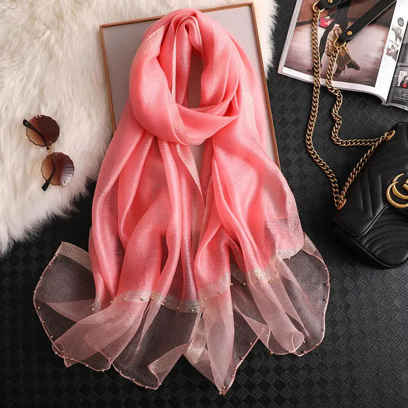 Long Silk Scarf Women’s Thin Scarf All-matching Luxury Shawl - Pink / 65x185 - Silk Scarf