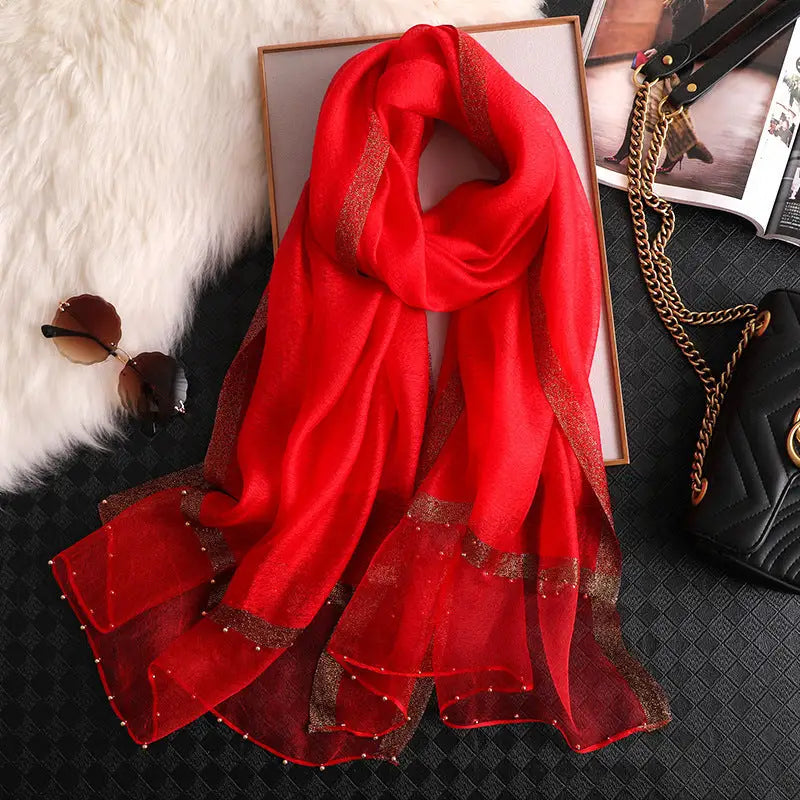Long Silk Scarf Women’s Thin Scarf All-matching Luxury Shawl - Red / 65x185 - Silk Scarf