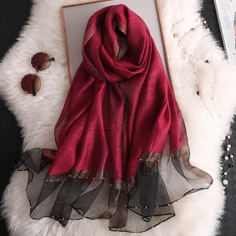 Long Silk Scarf Women’s Thin Scarf All-matching Luxury Shawl - Wine Red / 65x185 - Silk Scarf