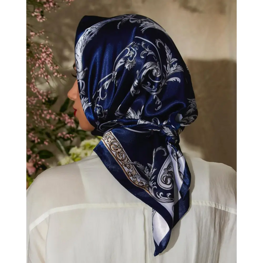 Multipurpose Chain Printed Scarf Women’s Casual Scarf Satin Large Square Scarf - Navy Blue Flowers / 90*90cm - Square
