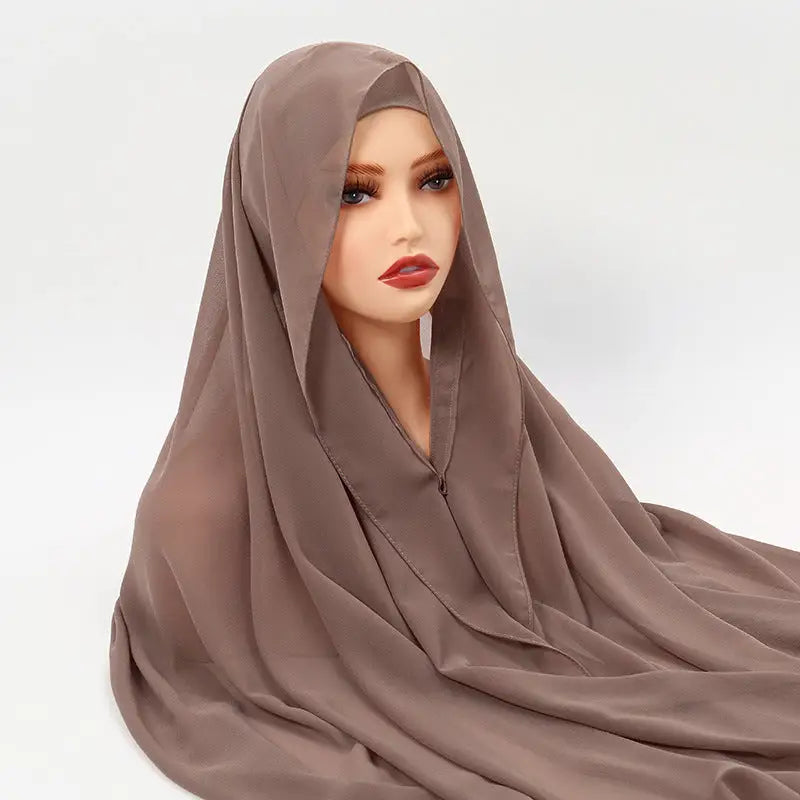 Pinless Magnetic Buckle Chiffon Hijab Instant Hijab - Khaki / 175CM - Adjustable Ankara Headband