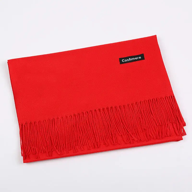 Solid Colour Artificial Cashmere Scarf Women’s Tasseled Shawl - 1 Chinese Red / 68x200cm - Cashmere Tassel Double-sided