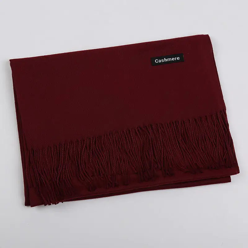 Solid Colour Artificial Cashmere Scarf Women’s Tasseled Shawl - 18 Wine Red / 68x200cm - Cashmere Tassel Double-sided