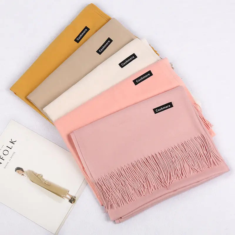 Solid Colour Artificial Cashmere Scarf Women’s Tasseled Shawl - Cashmere Tassel Double-sided Scarf
