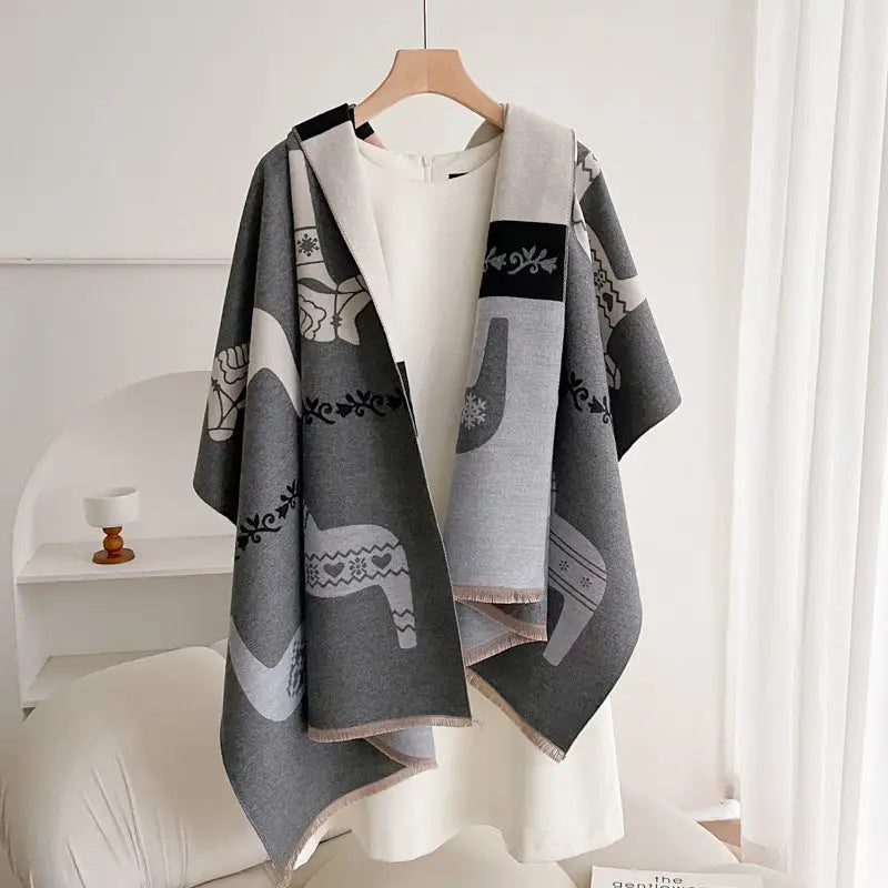 Women’s Double-sided Shawl Warm Scarf Fashionable Outerwear - Warhorse Gray