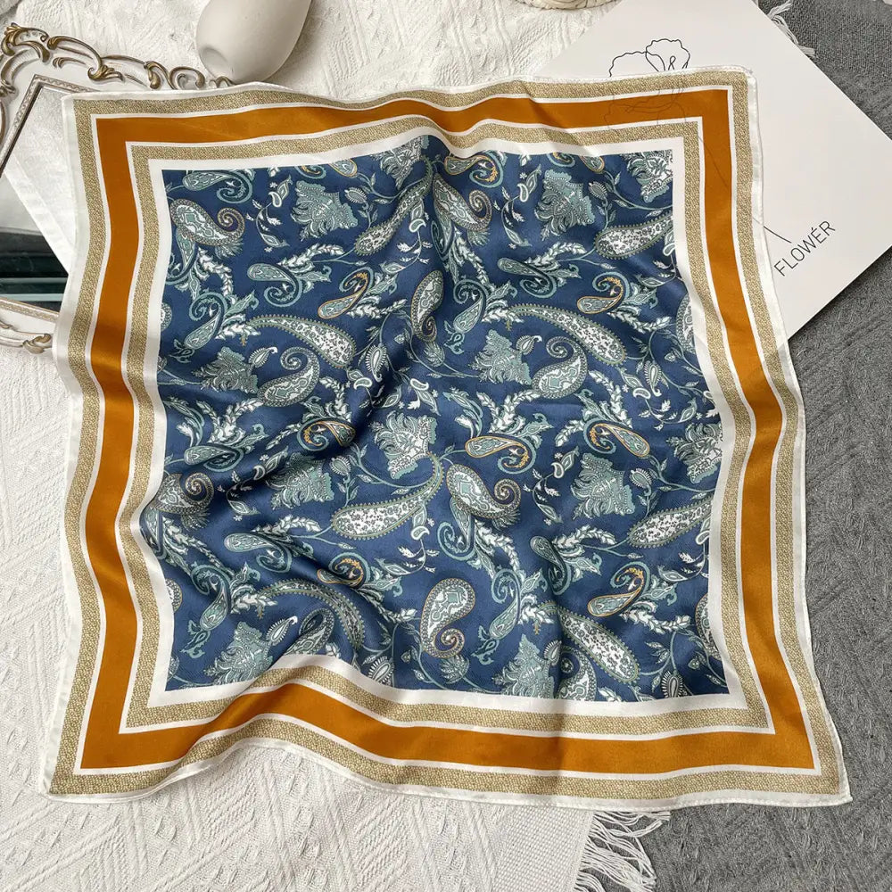 Women’s Korean Style Vintage Printed Scarf - Waist Drum Blue Orange Edge - Women’s neckerchiefs