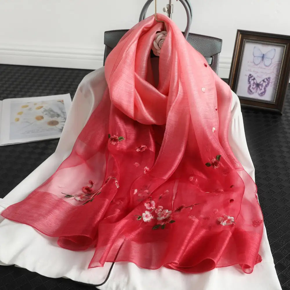 Women’s Wool Silk Embroidery Gradient Summer Scarf Sunscreen Shawl - Red / 70x190CM - Silk Scarf