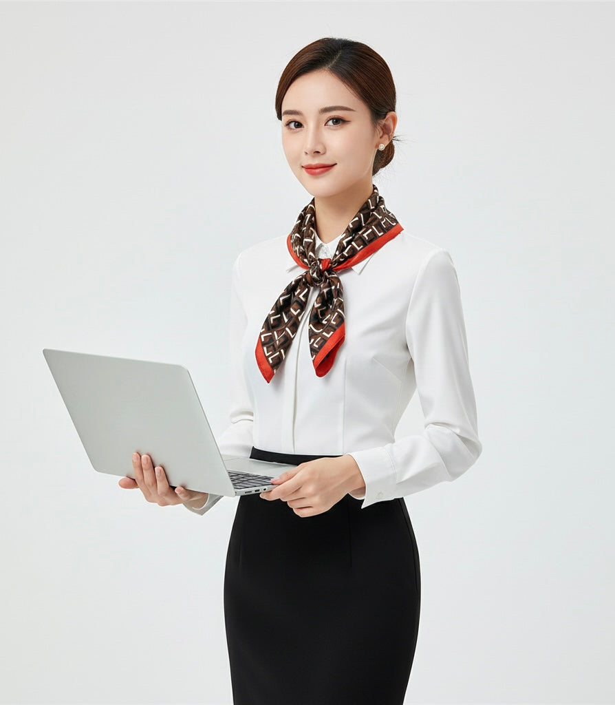 Woman holding a laptop with a patterned scarf around her neck on a white background