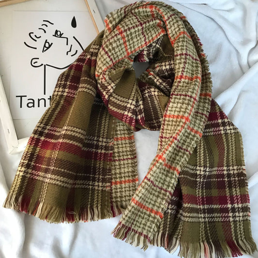 Women's Double-sided Cashmere Scarf, Retro Plaid Tassel Scarf