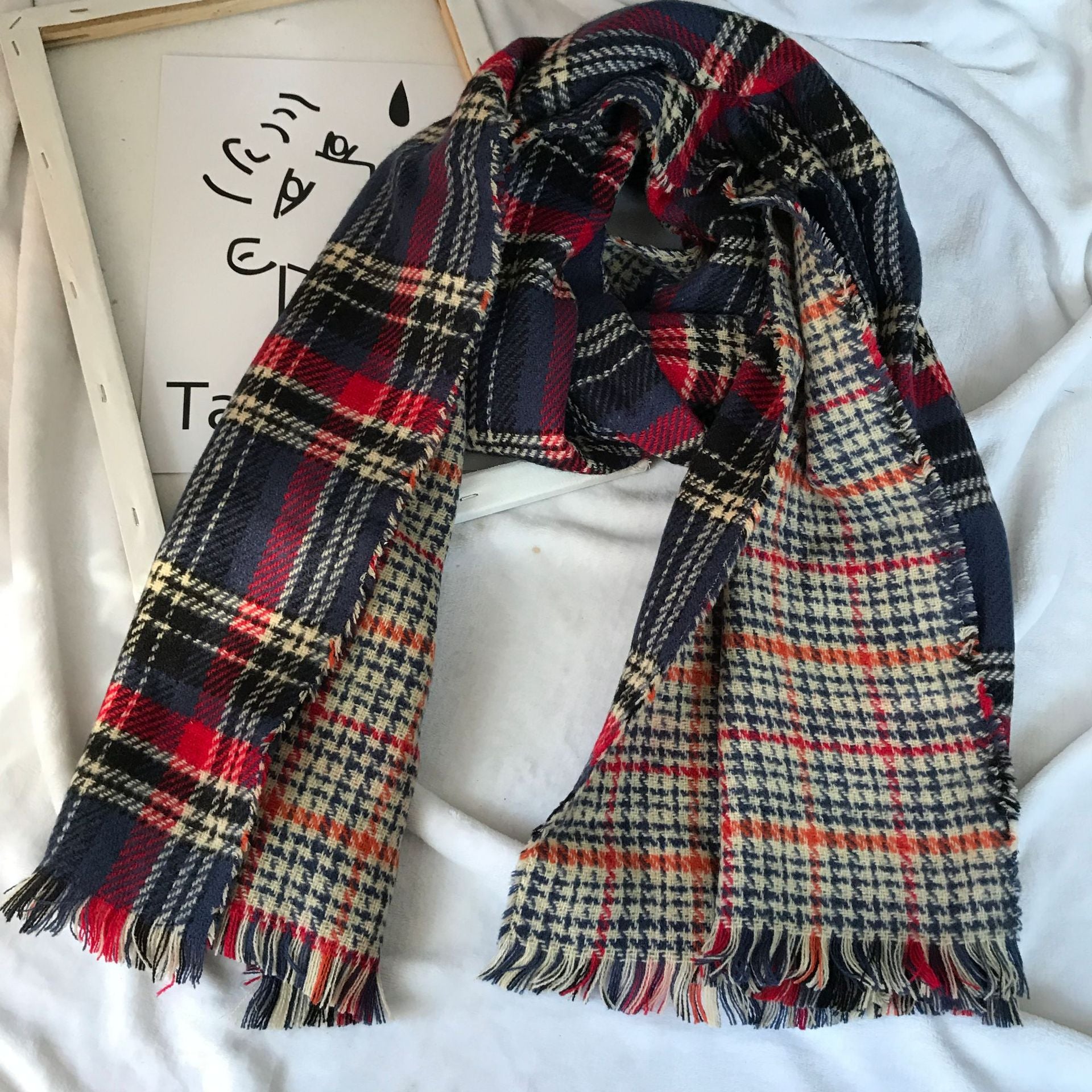 Women's Double-sided Cashmere Scarf, Retro Plaid Tassel Scarf