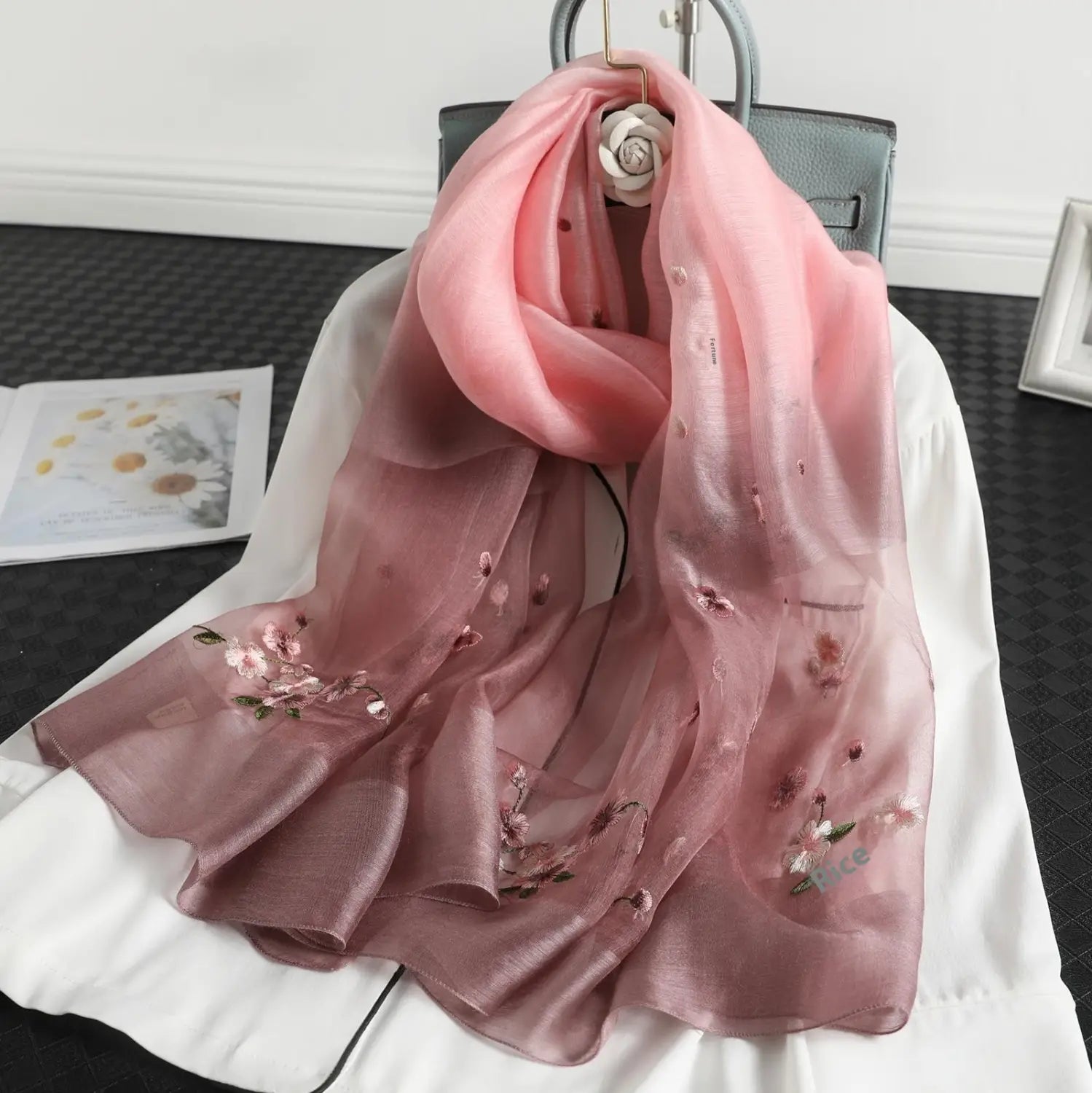 Women’s Wool Silk Embroidery Gradient Summer Scarf Sunscreen Shawl