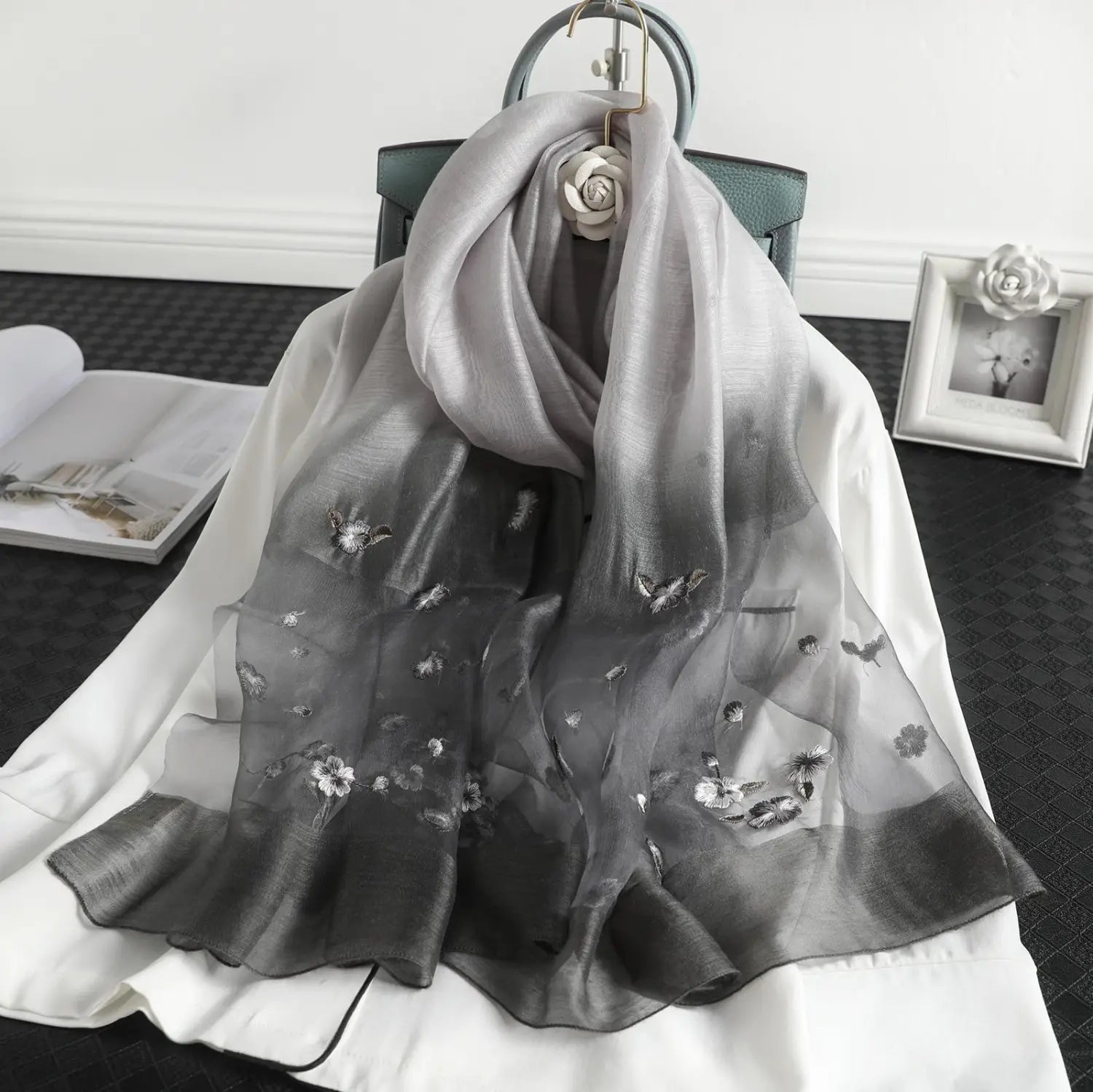 Women’s Wool Silk Embroidery Gradient Summer Scarf Sunscreen Shawl