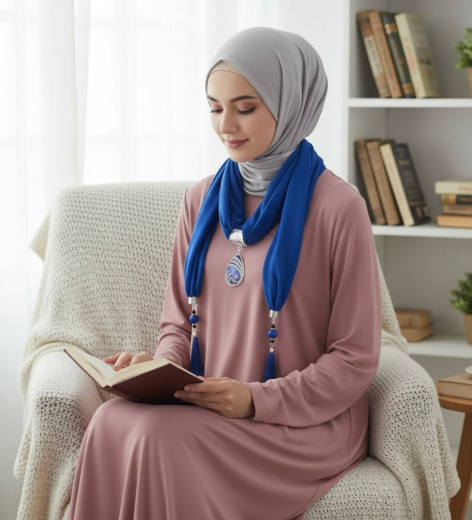 Woman in a pink dress and gray hijab with a blue scarf reading a book in a cozy room.