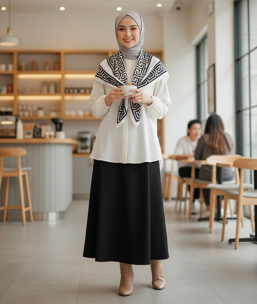 Woman in a cafe wearing a white blouse with a black and white patterned scarf and a black skirt.