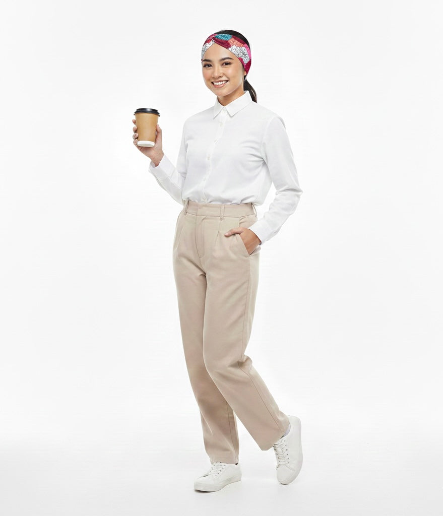 Woman holding a coffee cup against a white background